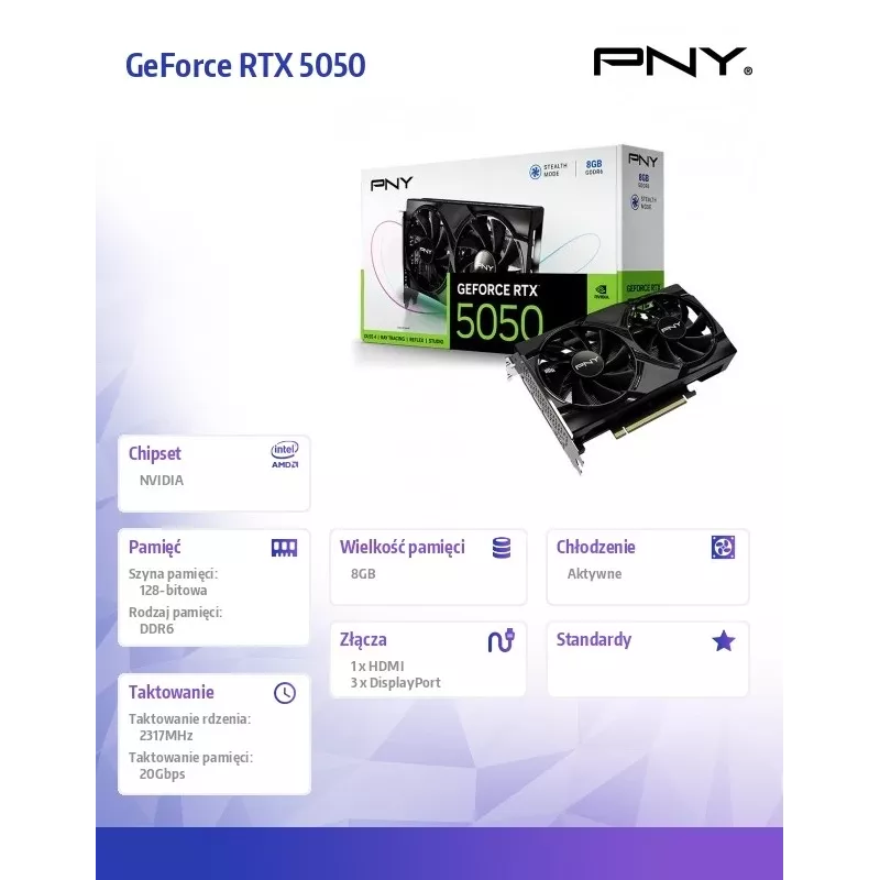 Grafikas karte PNY GeForce RTX 5050 — 8 GB GDDR6, 2317 MHz, 128 bitu, PCIe x8 5.0, dubultā ventilatora dzesēšana