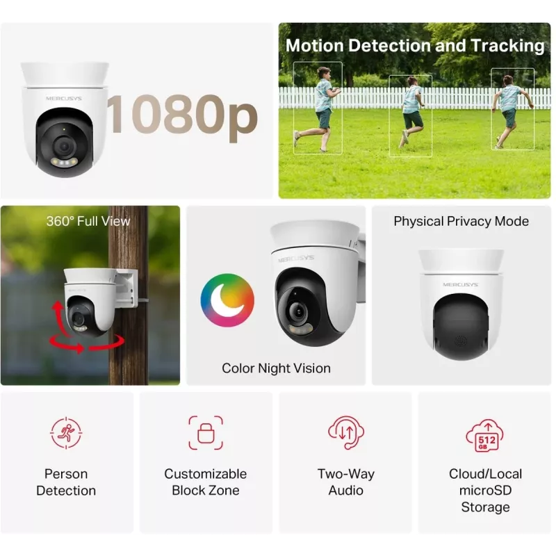 IP novērošanas kamera MERCUSYS MC500 1080p WDR Wi‑Fi āra spuldze IP65 PoE/DC 2‑virzienu audio 340° panoramēšana 9x optiskais tālummaiņa