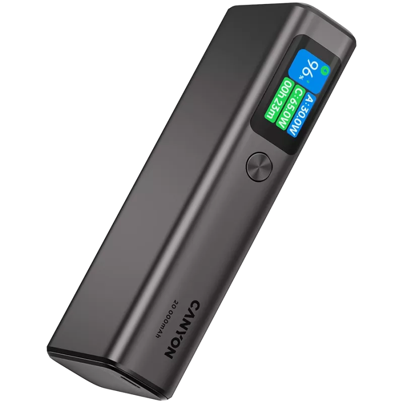 Canyon OnPower 230 TFT ārējais akumulators, 20000 mAh, PD 130 W, 2x USB-C + USB-A, metāla korpuss, tumši pelēks