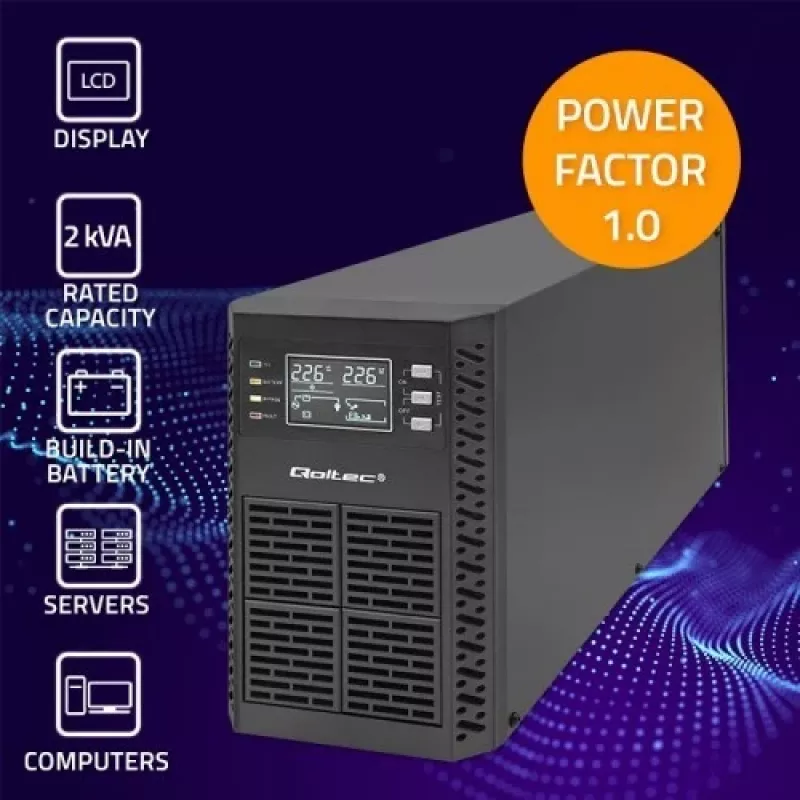 Qoltec 52281 nepārtrauktās barošanas avots (UPS) Dubultās pārveidošanas (Online) 2 kVA 2000 W 3 × F tipa kontaktligzdas