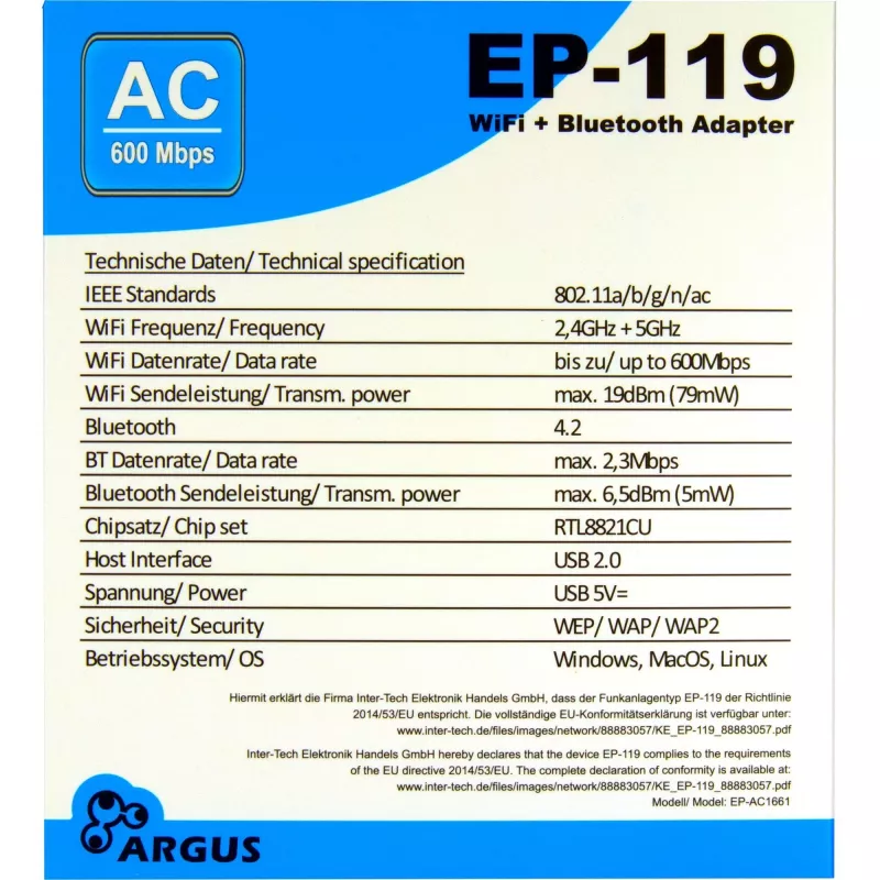 USB Wi‑Fi / Bluetooth adapteris INTER-TECH EP-119, Wi‑Fi 5 (802.11ac), divjoslu 600 Mbit/s