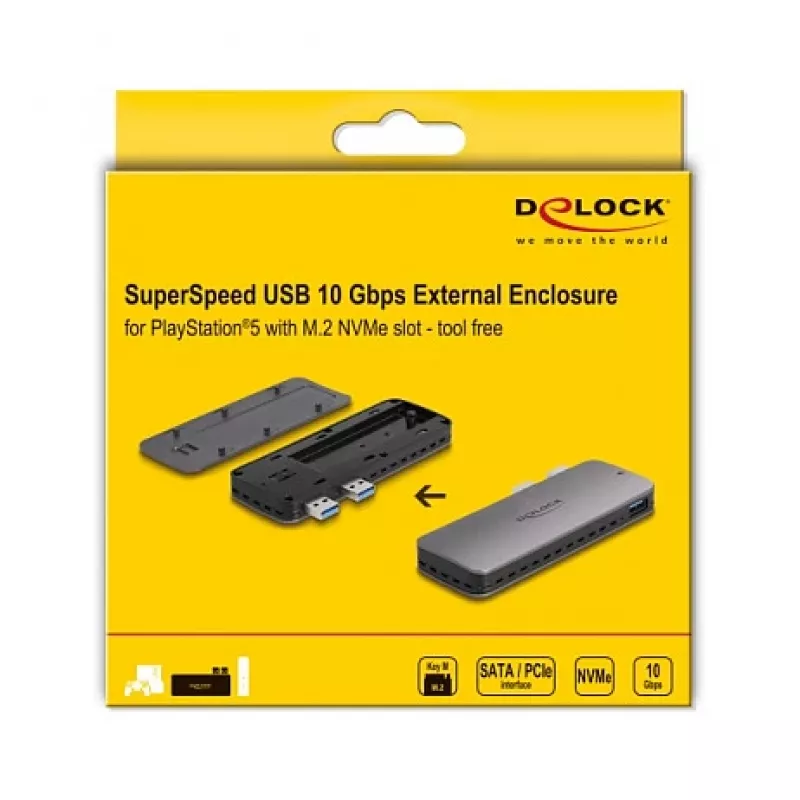SSD korpuss DeLOCK USB 3.2 Gen 2 priekš PlayStation5 M.2 NVMe bez instrumentiem