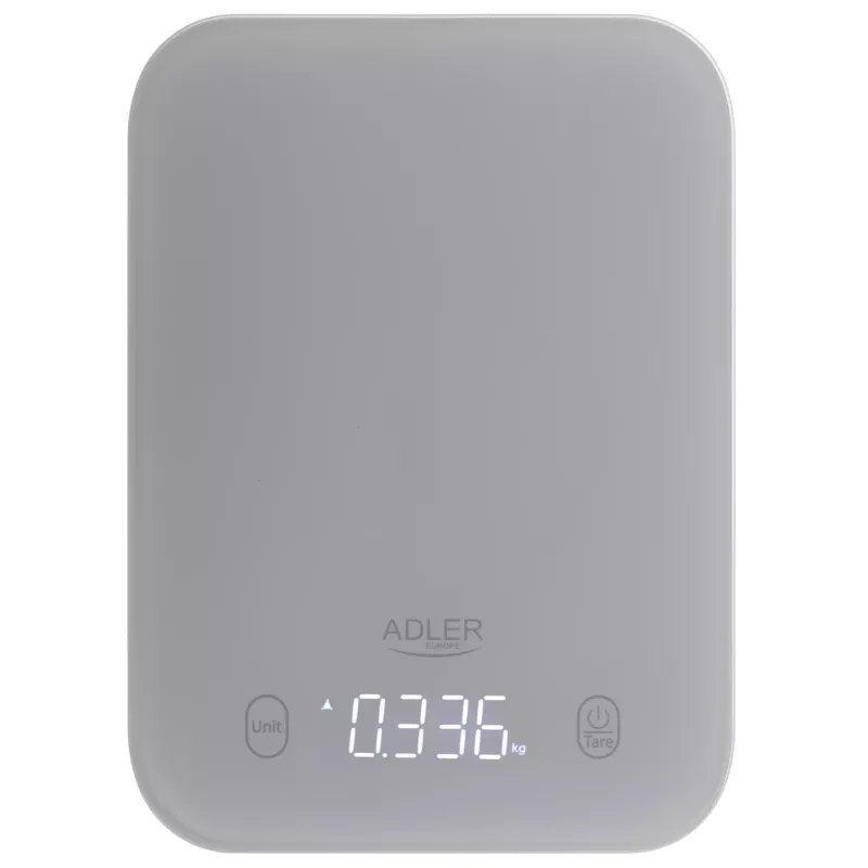 Virtuves svari Adler AD 3181, rūdīts stikls, 10 kg ietilpība, 1 g precizitāte, LCD displejs, pelēki