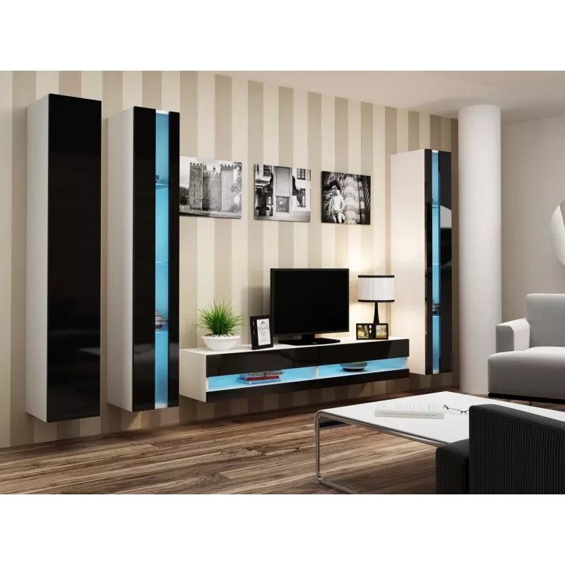 TV statīvs Cama Meble VIGO NEW 30/180/40, balta virsma, melns spīdīgs rāmis, 1800×400×300 mm