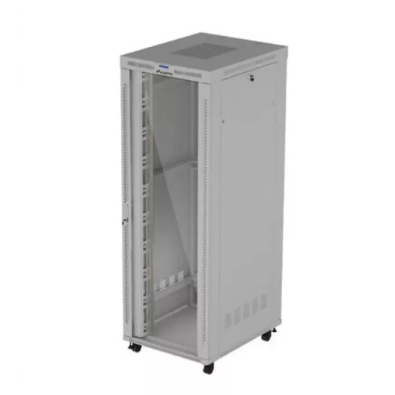 Rack cabinet LANBERG FF01-8047-12SL 47U 800x1000 mm pelēks ar priekšējām un aizmugurējām stikla durvīm un LCD paneļa vietu
