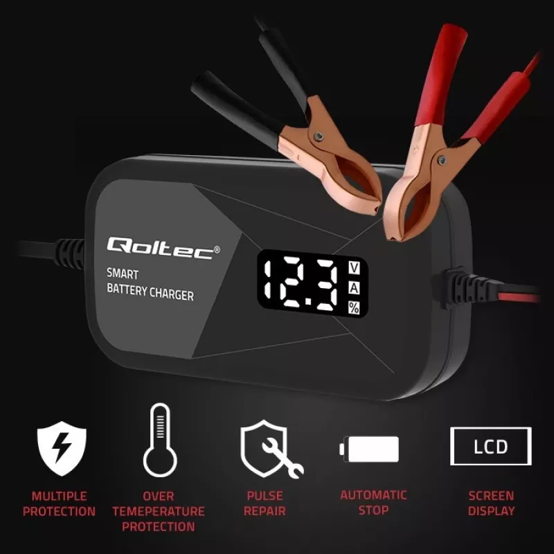 Bateriju lādētājs QOLTEC 52492 12V 2A ar mikroprocesora vadību un šūnu reģenerāciju