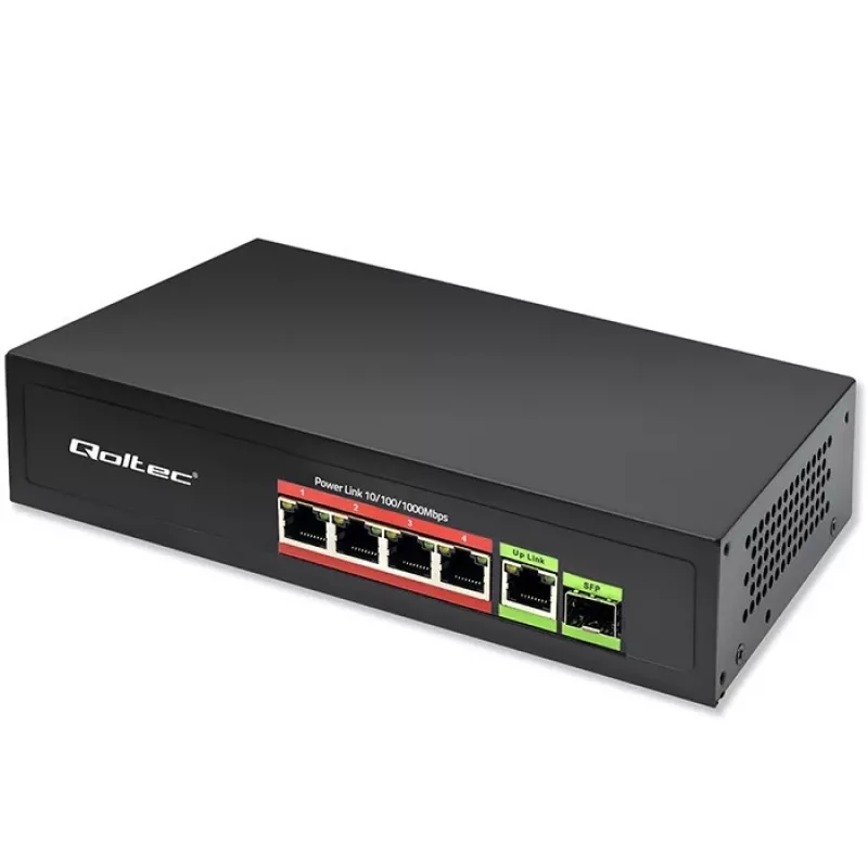 Ethernet PoE komutators QOLTEC 52296 — 4x RJ45 PoE porti, 1x RJ45 uplinks