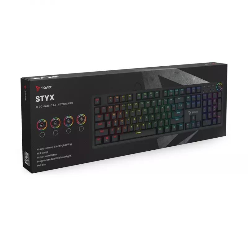 Mehāniskā spēļu klaviatūra SAVIO STYX Outemu Blue Hot-Swap RGB USB QWERTY US International melna 104 taustiņu pilnizmēra