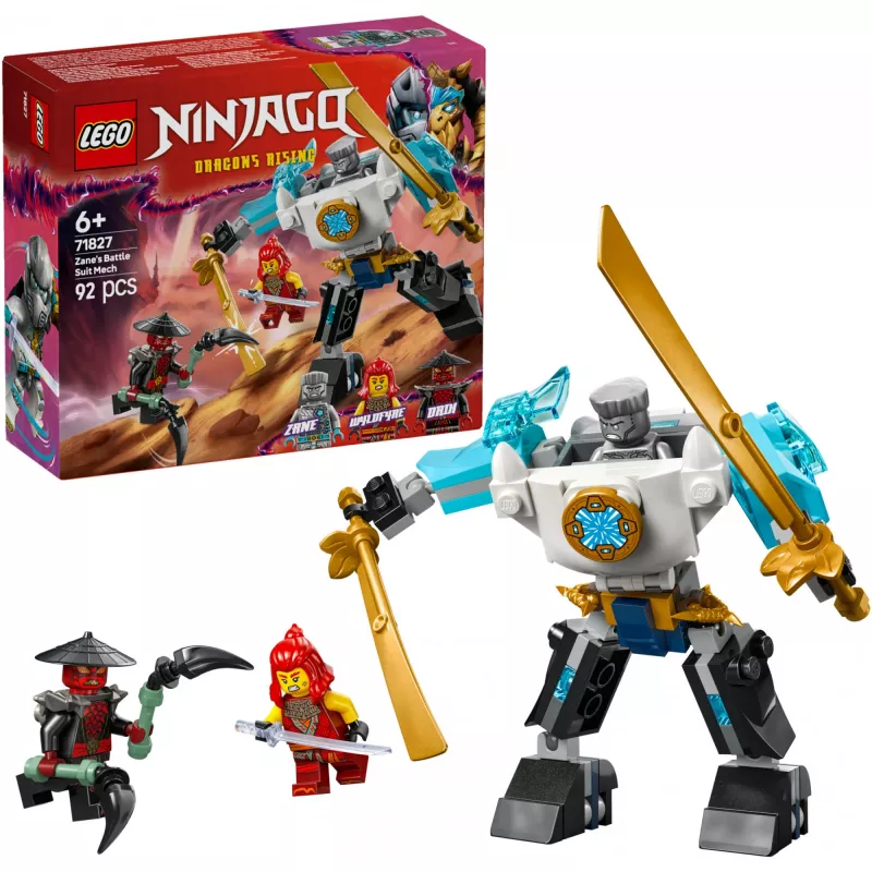 LEGO NINJAGO komplekts 71827 Zane kaujas tērpa mehs, 92 detaļas, 2 minifigūras, augstums 100 mm, vecumam 6+