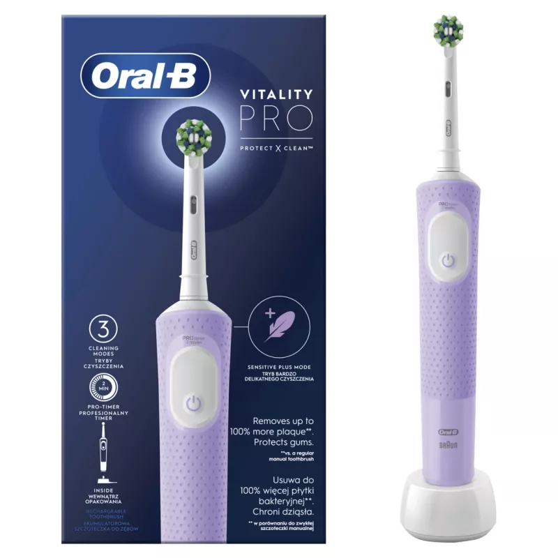 Oral-B D103 Vitality Pro | Elektriskā zobu birste | Uzlādējama | Pieaugušajiem | ml | Sariņu skaits | Ceriņu migla | Iekļauto sariņu skaits 1 | Zobu tīrīšanas režīmu skaits
