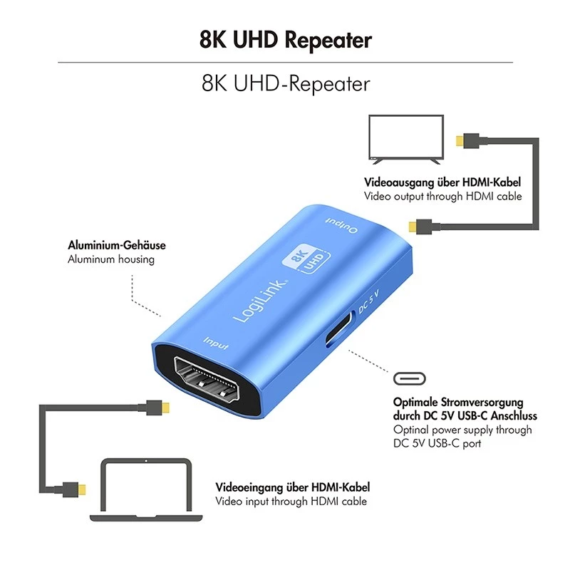 HDMI retranslators, 20m, 8K 60Hz, HDCP 2.3, alumīnijs, zils