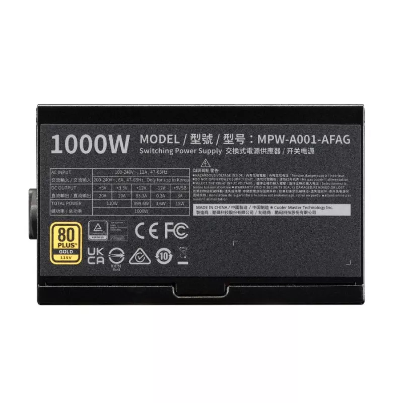 Cooler Master MPW-A001-AFAG-BEU Gold 80+ 1000W PSU, INTEL ATX 3.1, 135mm, FDB ilgmūžīgs gultņu ventilators