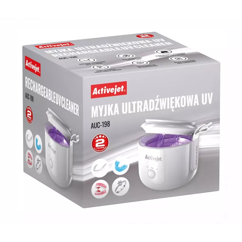 Ultraskaņas tīrītājs ActiveJet AUC-198 — USB uzlādējams, UV, 7,4 V, 106×107×89 mm