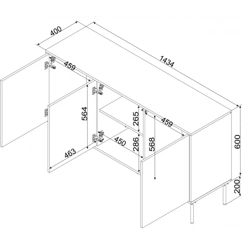 Kumode cama meble INSERTO 3D 143,5×40×80 cm melna ar LED, skaidu plātne, 16 mm rāmis