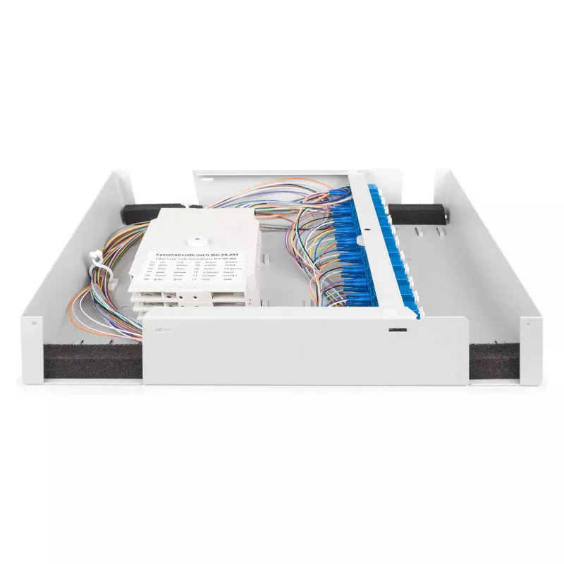 Optiskās šķiedras pie sienas stiprināms korpuss DIGITUS DN-96843M-OS2, vienmoda, samontēts, 24×LC DX adapteri ar pigteilēm, tērauds, pelēks, 320×54×280 mm