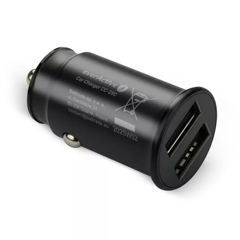 auto lādētājs everActive CC-25C 2x USB-A + USB-C, 12W, iebūvēts automašīnas USB strāvas adapteris