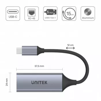 Tīkla interfeisa karte Unitek U1312A, IEEE 802.3, pelēka, 0,5 m kabelis