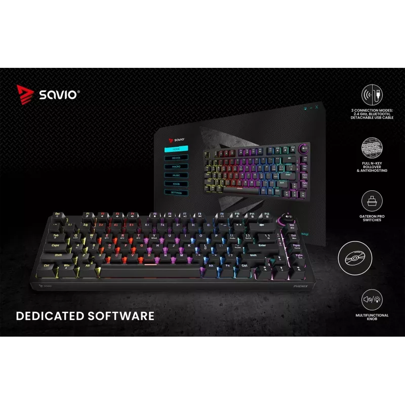 Savio Phenix SAVGK-RED spēļu tastatūra USB RF bezvadu Bluetooth QWERTY