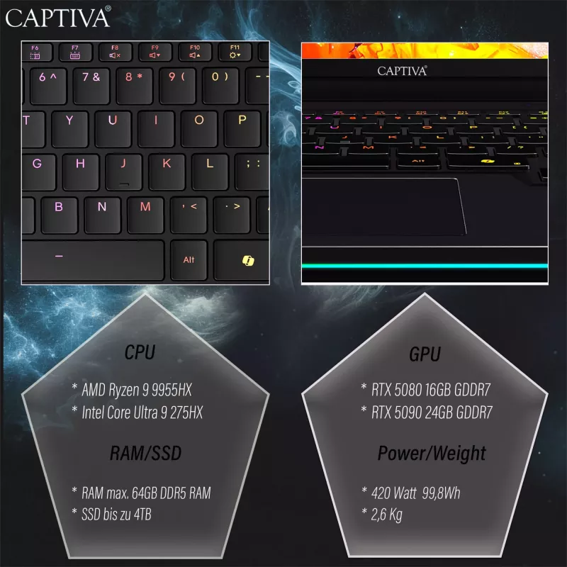 Captiva Ultimate Gaming R95-061GE spēļu portatīvais dators, AMD Ryzen 9 9955HX, 16 collu WQXGA, 64GB DDR5, 2TB SSD, NVIDIA GeForce RTX 5090, Windows 11