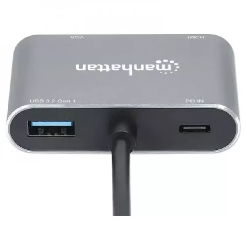 Manhattan USB-C dokstacija/sadalītājs, pieslēgvietas (x4): HDMI, USB-A, USB-C un VGA, ar strāvas padevi (PD) 87W - nepieciešams ārējs USB-C lādētājs (nav iekļauts). Darbināms ar USB (nav nepieciešams ārējs barošanas avots), kad PD netiek izmantots, alumīnija korpuss