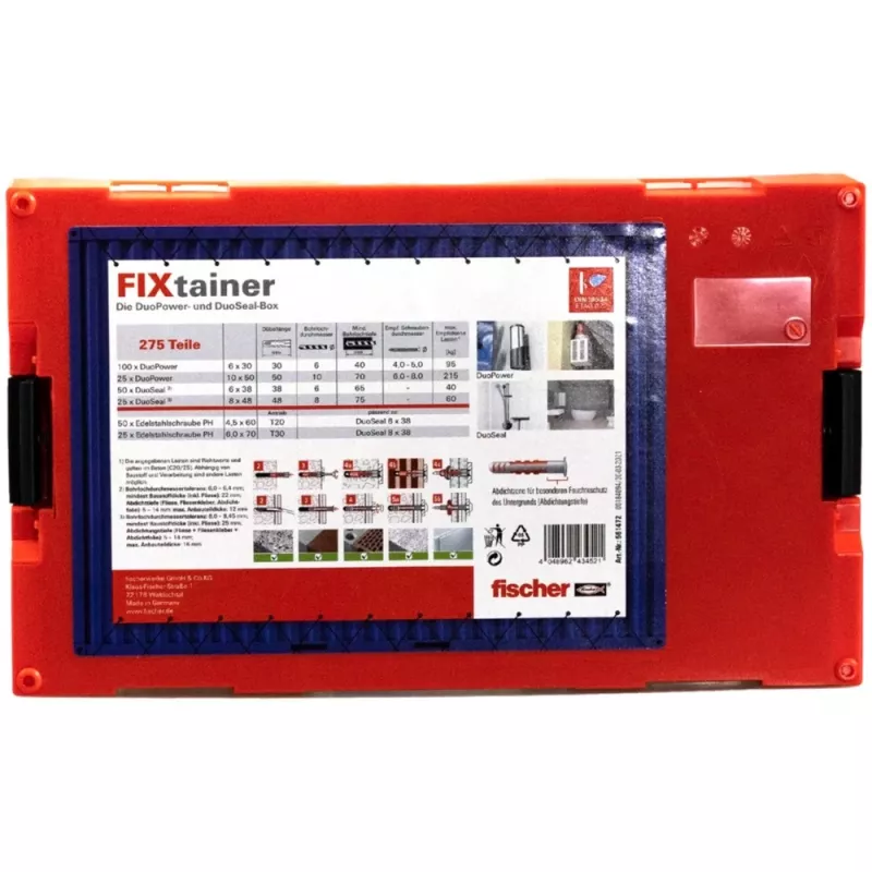 FixTainer - DUOPOWER & DUOSEAL + Skrūves, sienas dībelis gaiši pelēks/sarkans, 275 gab.