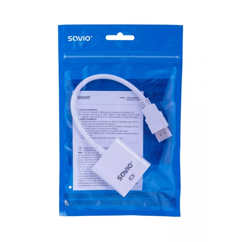 Savio CL-27B video kabeļa adapteris 0.1 m HDMI Type A (Standard) VGA (D-Sub) Balts