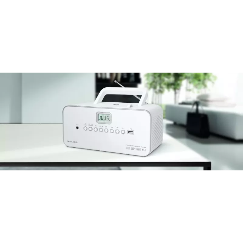 Pārnēsājama stereo sistēma Muse M-28RDW — CD/MP3 atskaņotājs, FM/MW uztvērējs, 3 W RMS, balta, 1,4 kg