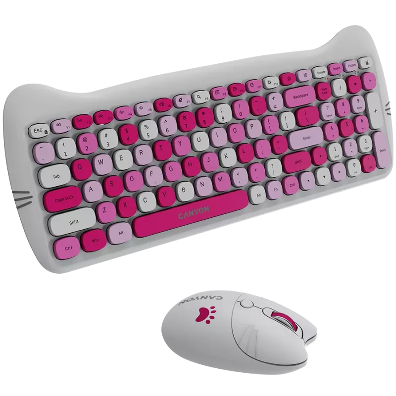 Bezvadu tastatūras un peles komplekts CANYON HSET-W6 Pink Kitty Edition