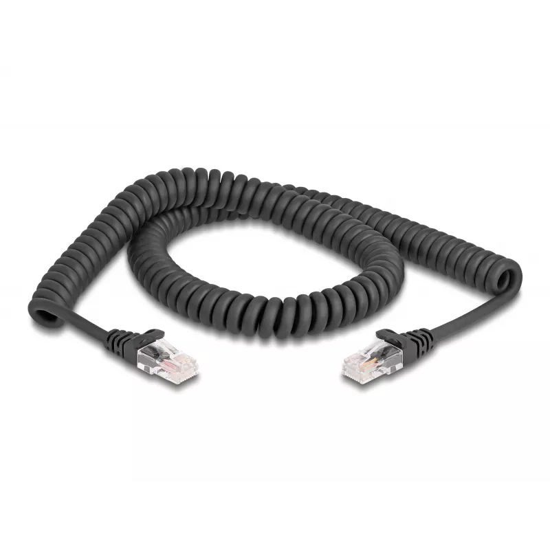 Tīkla kabelis DeLOCK RJ45 spirālkabelis vīrišķais–vīrišķais Cat.5e 2 m melns