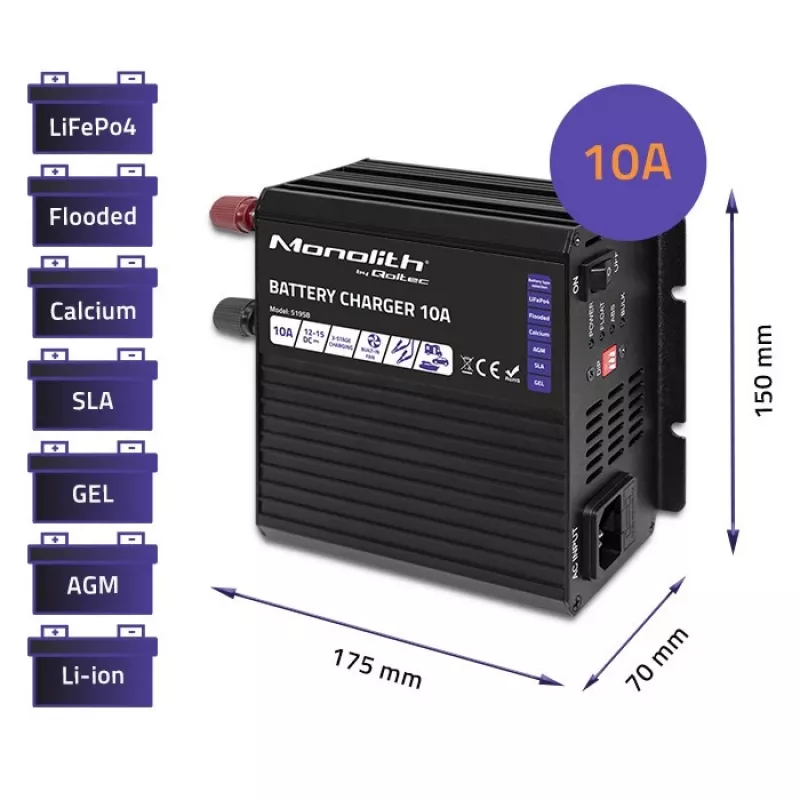 Qoltec Smart Monolith akumulatora lādētājs LiFePO4 AGM GEL SLA akumulatoriem | 10A | 12V