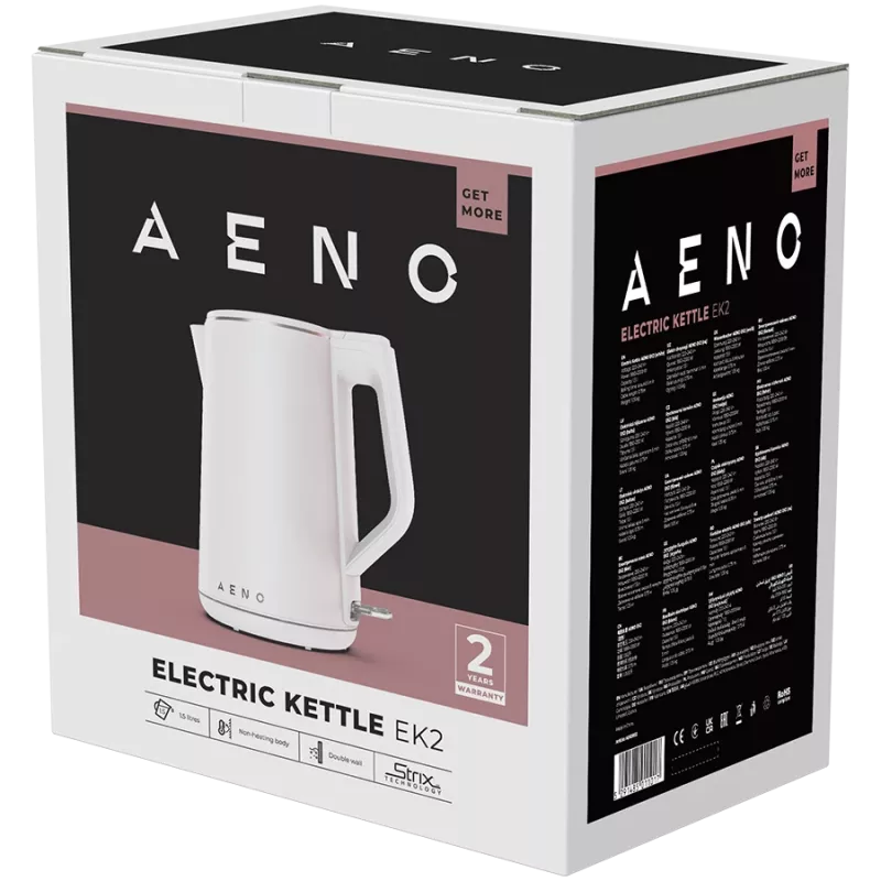 AENO Elektriskā tējkanna EK2: 1850-2200W, 1,5L, Strix, dubultsienas, nesildošs korpuss, automātiska izslēgšanās, aizsardzība pret sausu tvertni