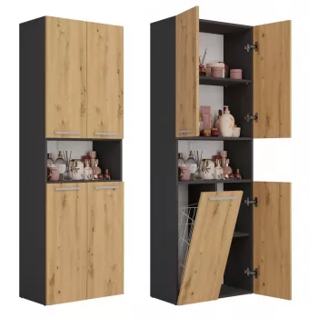 Vannas istabas glabāšanas skapis Top e Shop NEL 1K DK ANT/ART KP — Grafīts/Ozols, brīvi stāvošs, 5 plaukti, 600×300×1740 mm