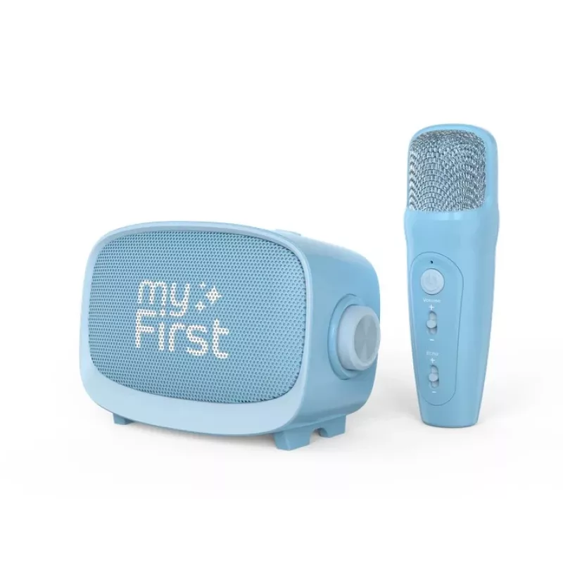 Pārnēsājams bērnu skaļrunis myFirst Voice 2 no myFirst — zils, ar baterijām darbināms bezvadu skaļrunis ar mikrofona atbalstu
