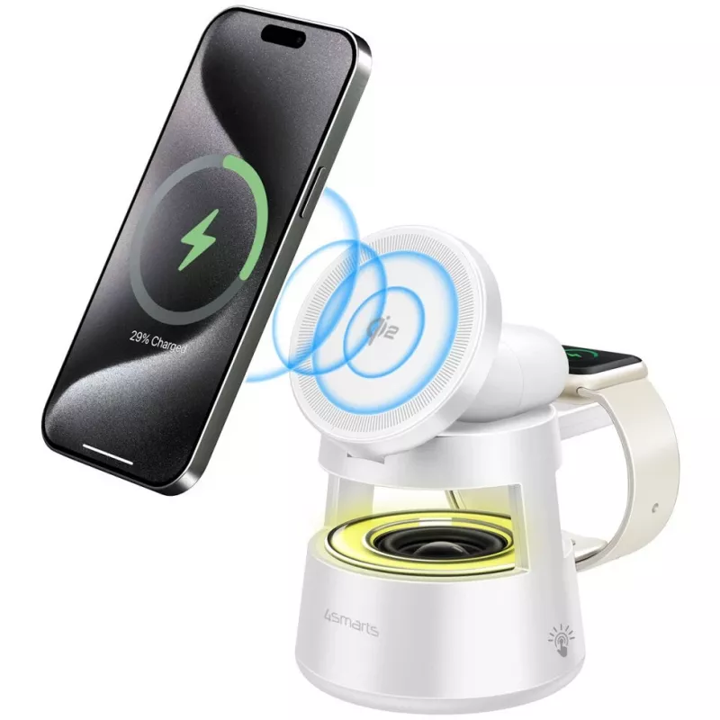 Bezvadu lādētājs 4smarts Qi2 Aura Sound balts – Qi2 ātra bezvadu uzlāde, iebūvēts skaļrunis