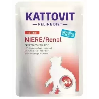 Slapjā kaķu barība KATTOVIT Feline Diet Niere/Renal liellopu gaļas 85 g — veterinārā nieru diēta pieaugušiem kaķiem, 80% mitrums, 6% olbaltumvielas