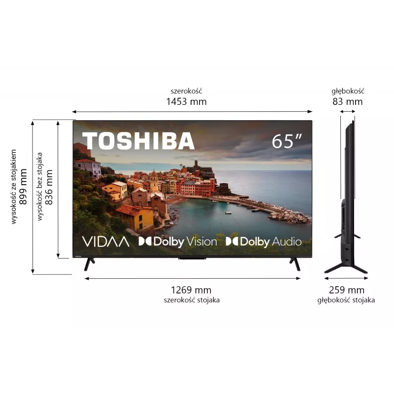TV Toshiba 65UV2463DG 65 collas (165,1 cm) 4K Ultra HD DLED viedais televizors, 3840×2160, VIDAA, Wi‑Fi, 300 cd/m², melns
