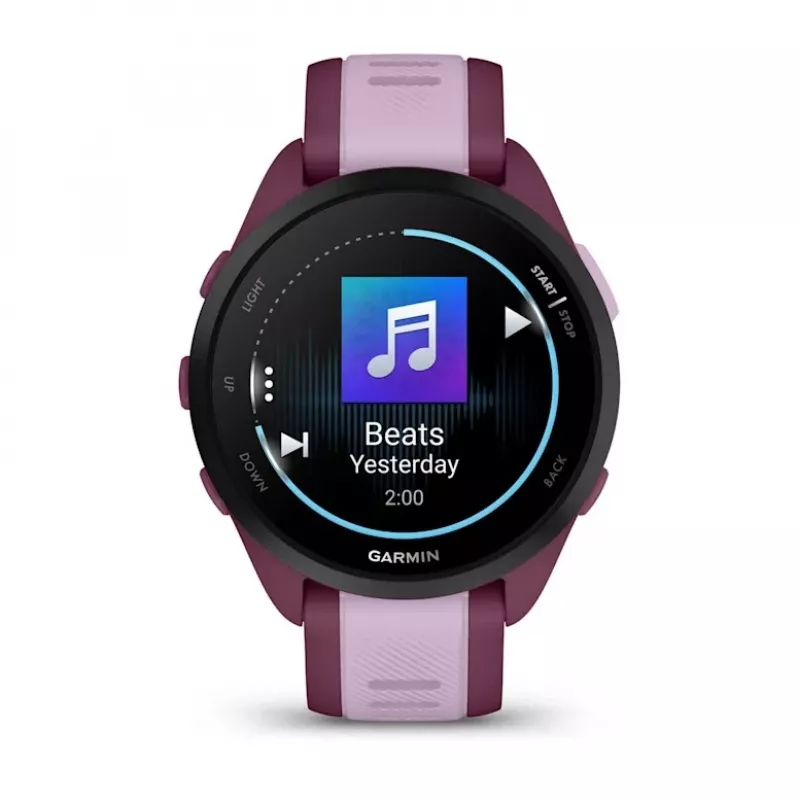 Viedpulkstenis GARMIN Forerunner 165 Music, 43 mm polimēra korpuss, 1,2 collu AMOLED 390x390, GPS/GLONASS/Galileo, 5 ATM, 11 dienu akumulators