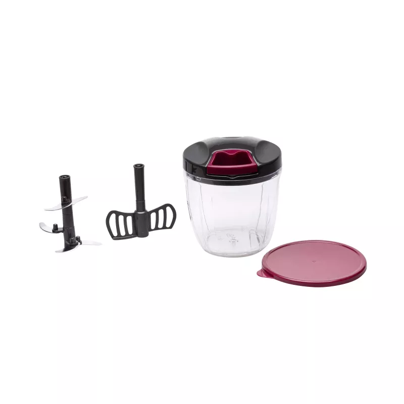 Manuālais virtuves smalcinātājs Jata HMAQ4506 ietilpība 0,9 L nerūsējošā tērauda asmeņi 140 mm augstums 12,5 cm diametrs Melns Sarkans Caurspīdīgs