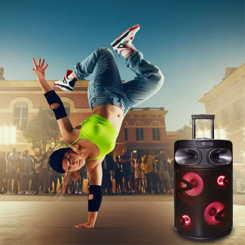 Pārnēsājams Bluetooth karaoke skaļrunis MANTA SPK0803B140 140W, darbināms ar baterijām, MIC/USB/microSD, FM, ekvalaizers, riteņi