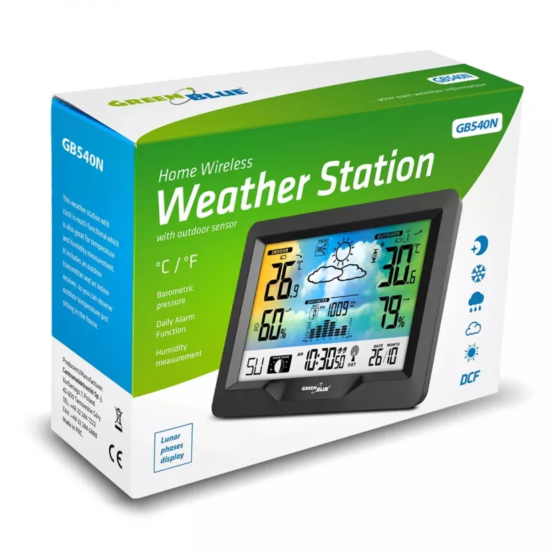 Bezvadu meteostacija GreenBlue GB540N — iekštelpu un āra temperatūras un mitruma monitorings