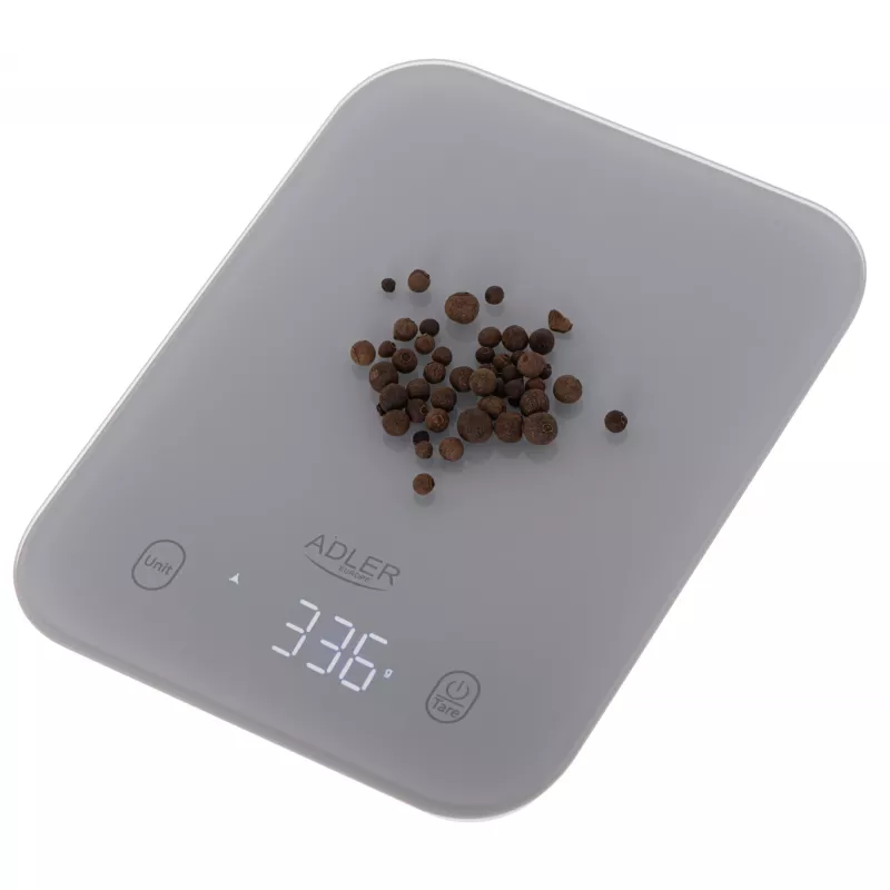 Virtuves svari Adler AD 3181, rūdīts stikls, 10 kg ietilpība, 1 g precizitāte, LCD displejs, pelēki