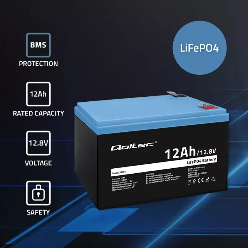 Qoltec LiFePO4 litija dzelzs fosfāta baterija 12,8 V 12 Ah 153,6 Wh ar BMS