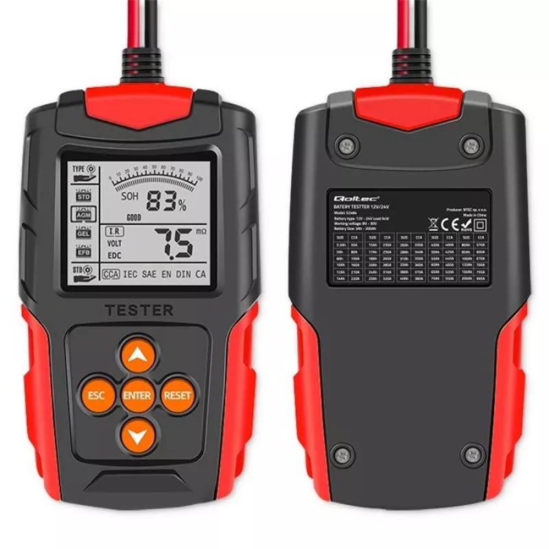 Qoltec 52484 LCD digitālais akumulatora testeris | 12V | 24V | 3Ah-200Ah