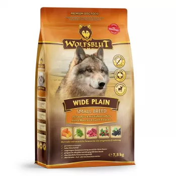 Sausā suņu barība Wolfsblut Wide Plain Small Breeds — Zirga gaļa un batātes, 7,5 kg, bez graudiem, 26% olbaltumvielu