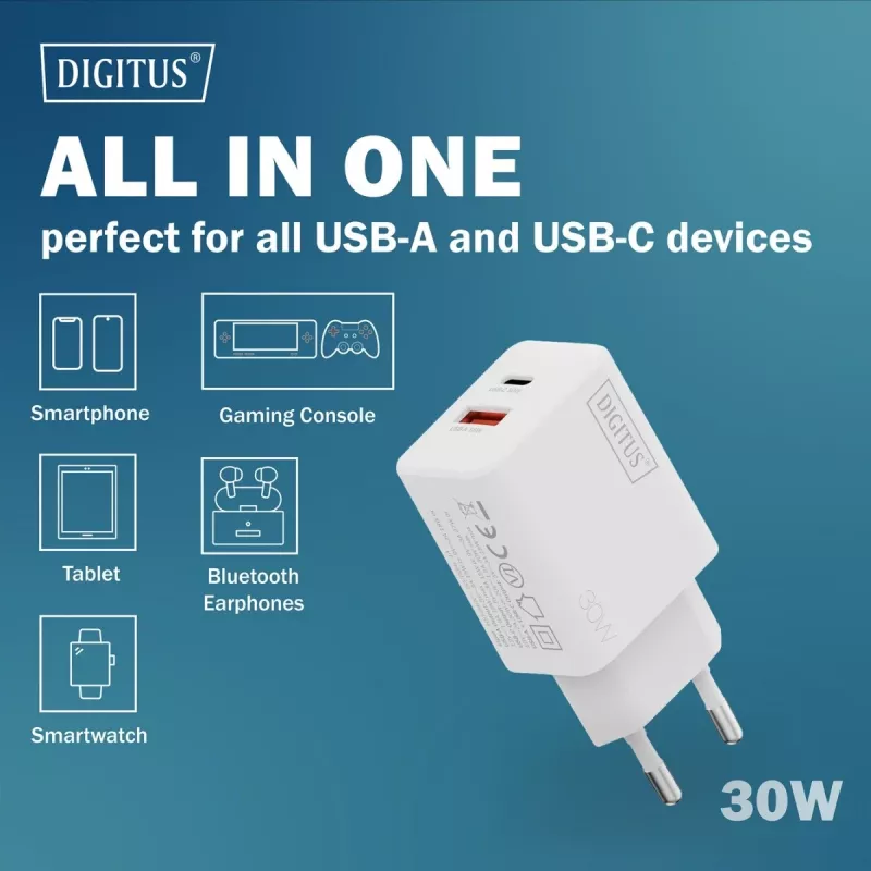 AC iekštelpu USB GaN lādētājs DIGITUS DA-10301 — 30W, 1× USB-C, 1× USB-A, 100–240V, balts