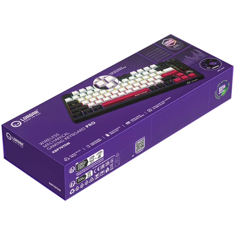 Mehāniskā spēļu tastatūra LORGAR KBP7075W — bezvadu, Melna, Red slēdži, EN izkārtojums