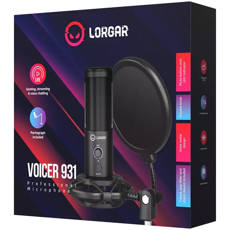 LORGAR Voicer 931, Gaming mikrofons, melns, USB kondensatora mikrofons ar izlices statīvu, pop filtru, statīvu. Iekļauts: 1* mikrofons, 1* izlices statīvs ar C-skavu, 1* triecienamortizators