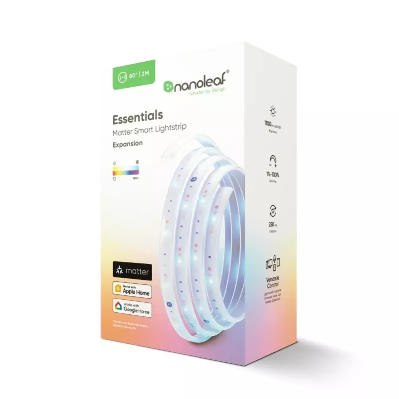 Nanoleaf Essentials Light Strips paplašinājums 2 metri ar 23 W, RGBCW, Bluetooth un Thread savienojamību. Pievienojiet košu apgaismojumu savai viedajai mājai. Pērc tiešsaistē.