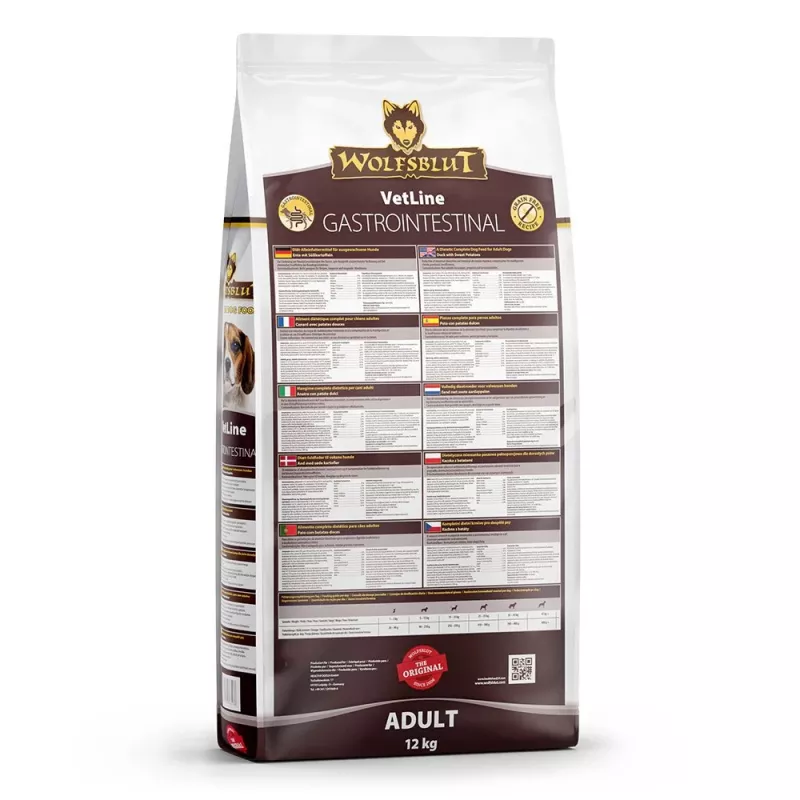 Sausā suņu barība Wolfsblut VetLine Gastrointestinal Duck 12 kg — veterinārā diēta gremošanas veselībai, olbaltumvielas 20%, tauki 10%