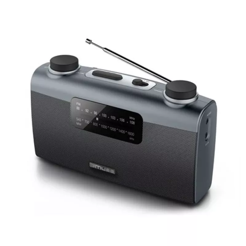 Portatīvais radio Muse M-058 R — AM/FM, rotējoša skaļuma regulēšana, baterijas vai maiņstrāva (230V, 50Hz), melns/pelēks